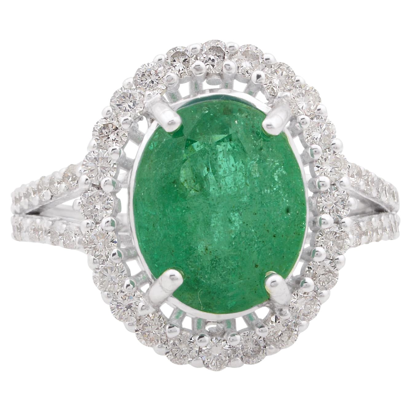 Oval Shape Emerald Gemstone Cocktail Ring Diamond 10 Karat White Gold Jewelry For Sale