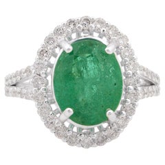 Oval Shape Emerald Gemstone Cocktail Ring Diamond 10 Karat White Gold Jewelry