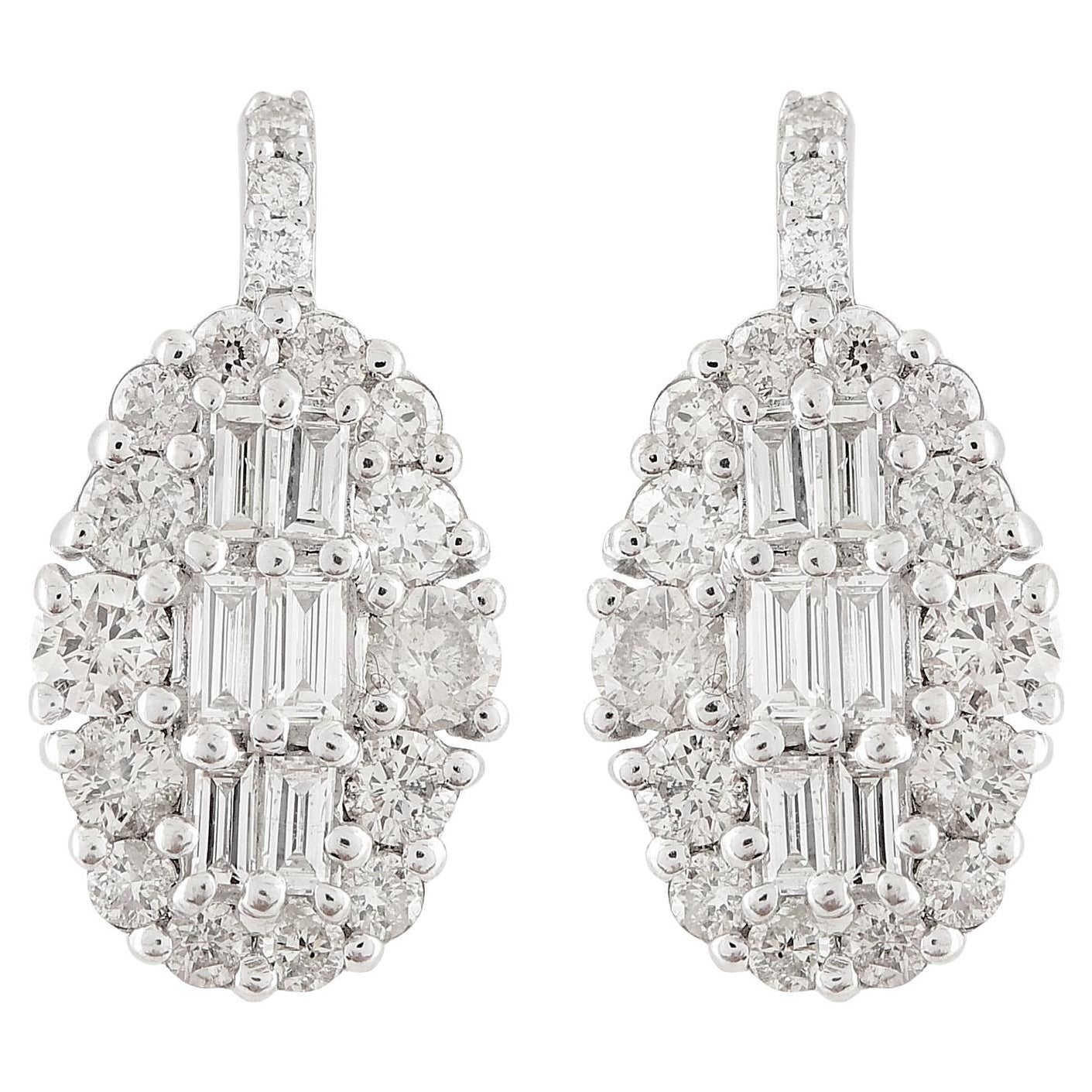 1.01 Carat Baguette Diamond Designer Hook Earrings Solid 10k White Gold Jewelry For Sale