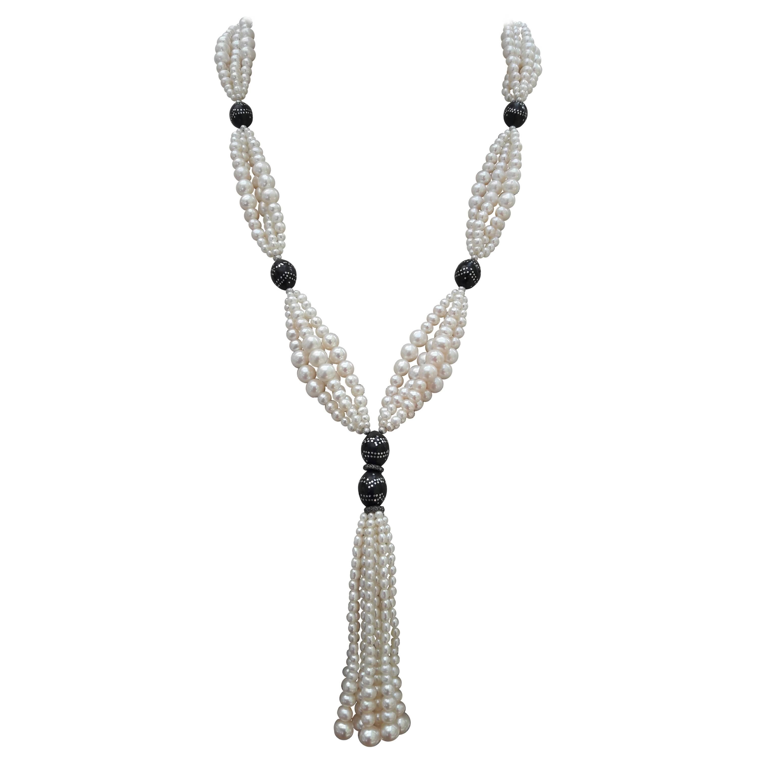 Marina J Long Multi Graduated White Pearl Sautoir with Wooden Silver Inlay Beads