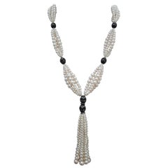 Marina J Long Multi Graduated White Pearl Sautoir with Wooden Silver Inlay Beads
