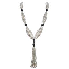 Multi-Strand Graduated Pearl Sautoir with Silver Inlay on Wood Beads 6