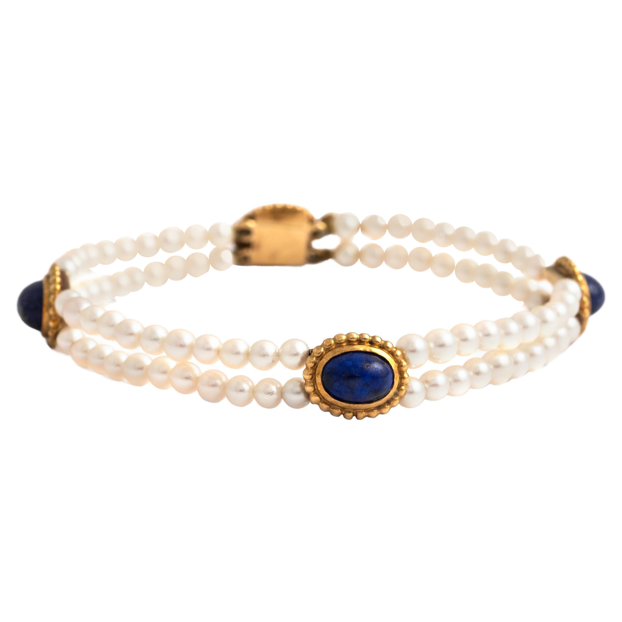 French Pearl Lapis Lazuli Bracelet Late 20th Century
