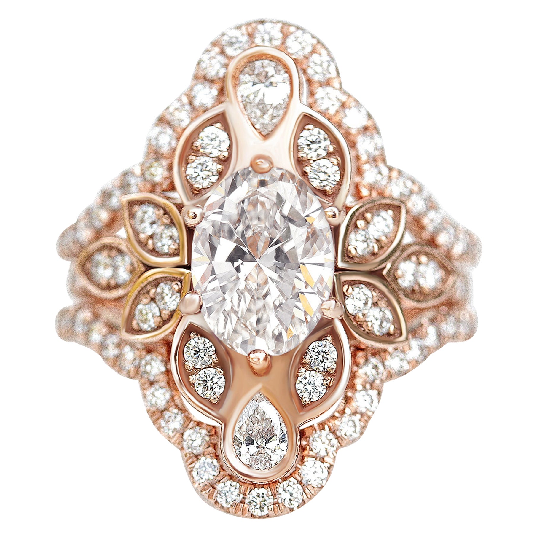 Bague de fiançailles à fleur en diamant ovale avec anneau de garde en diamants pavés Lily n° 4 en vente