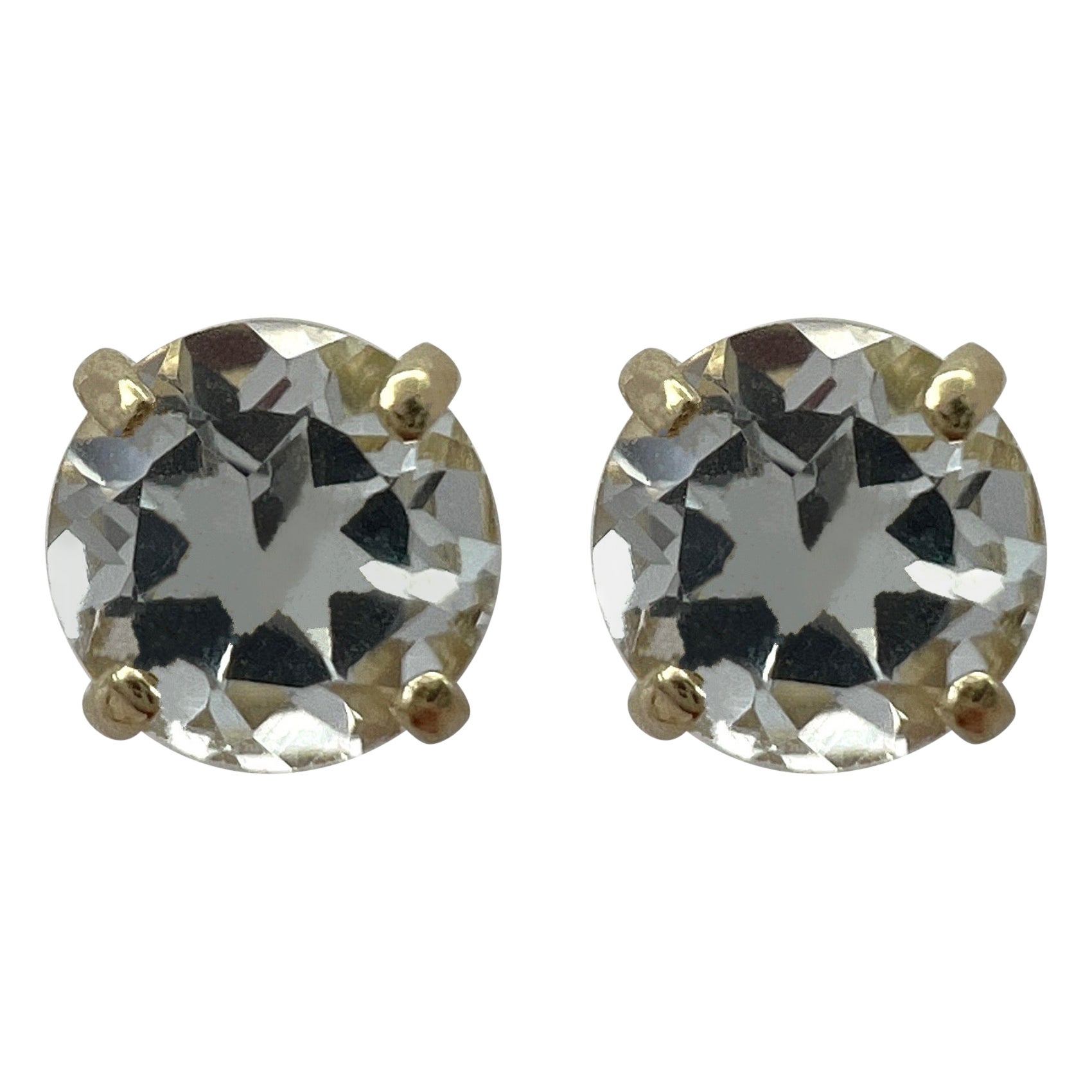 Natural White Topaz Round Cut 1.15ct 9k Yellow Gold Stud Earrings For Sale
