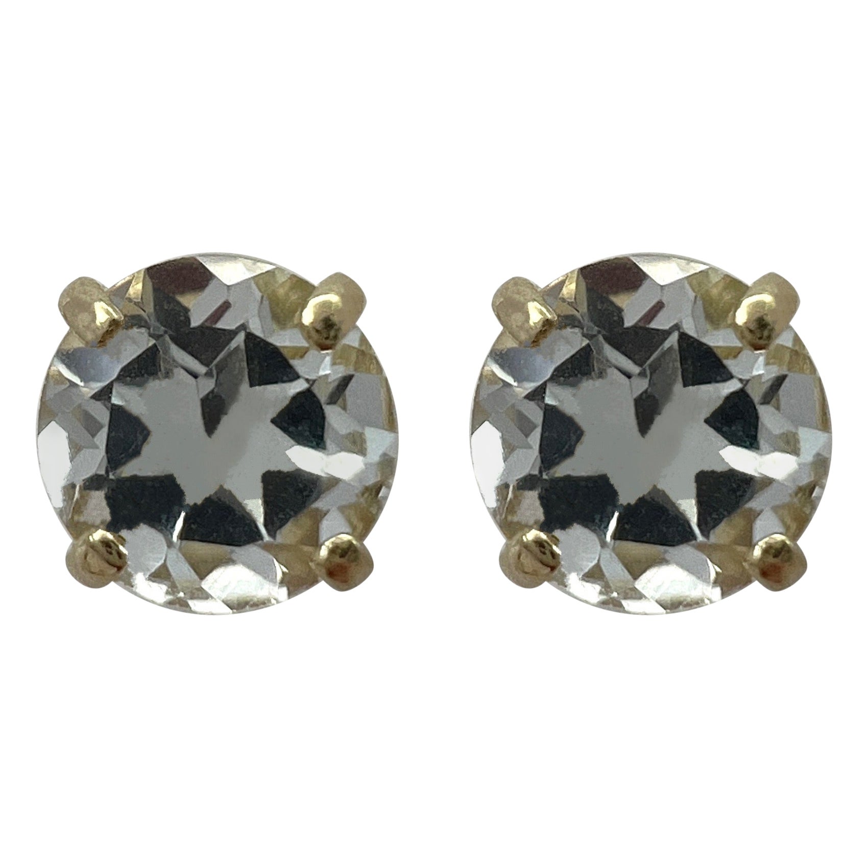 Boucles d'oreilles en or jaune 9k, Topaze blanche naturelle taille ronde 1.15ct