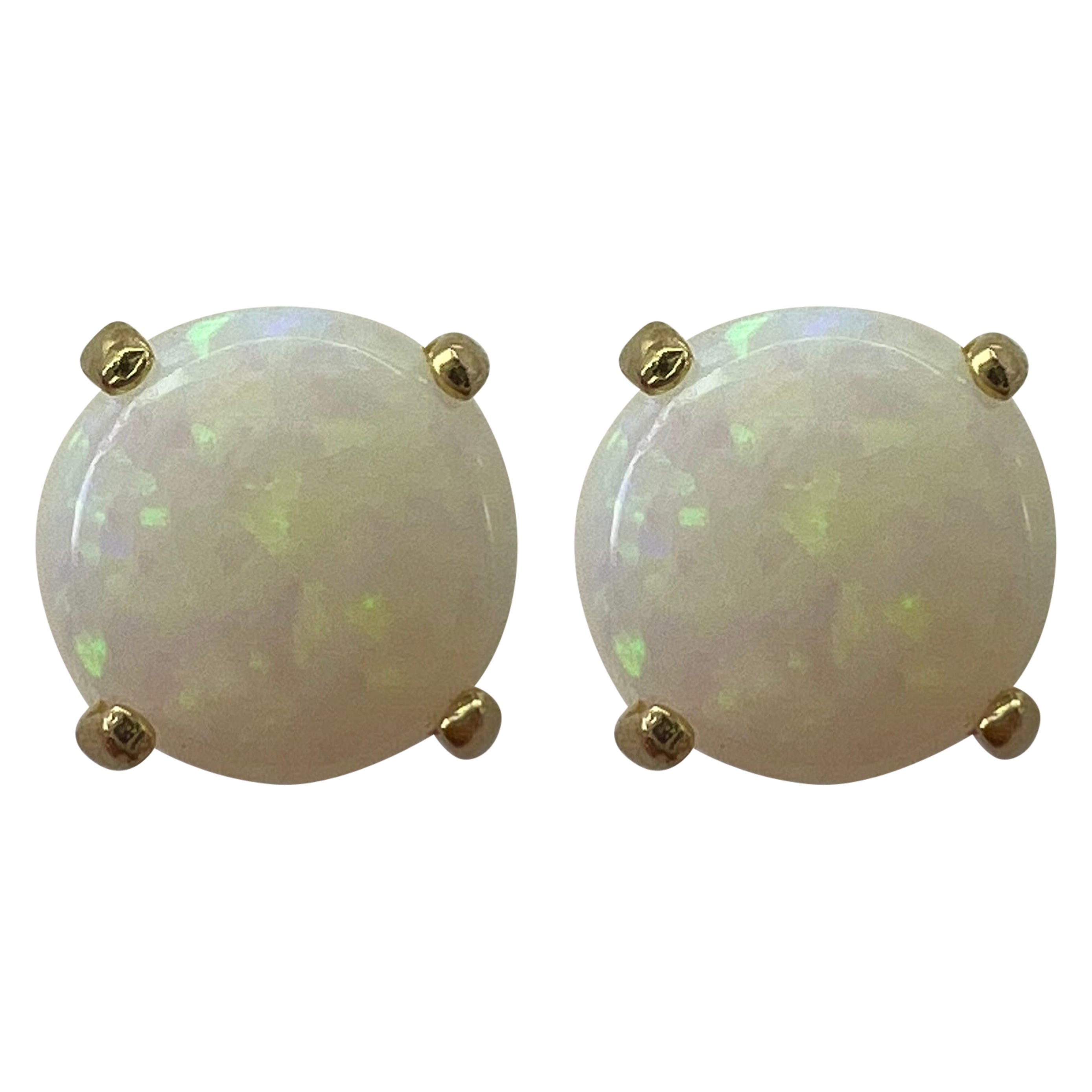 Natural White Opal Round Cabochon 9k Yellow Gold Stud Earrings For Sale