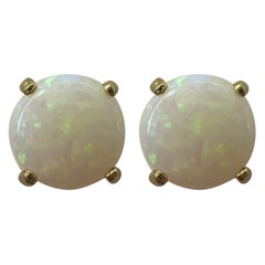 Natural White Opal Round Cabochon 9k Yellow Gold Stud Earrings