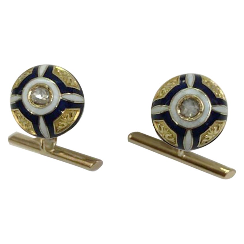 Pair of 18 Karat Yellow Gold and Enamel Cufflinks For Sale