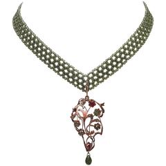 Woven Peridot Bead Necklace with Brooch of Ruby Peridot and Gold