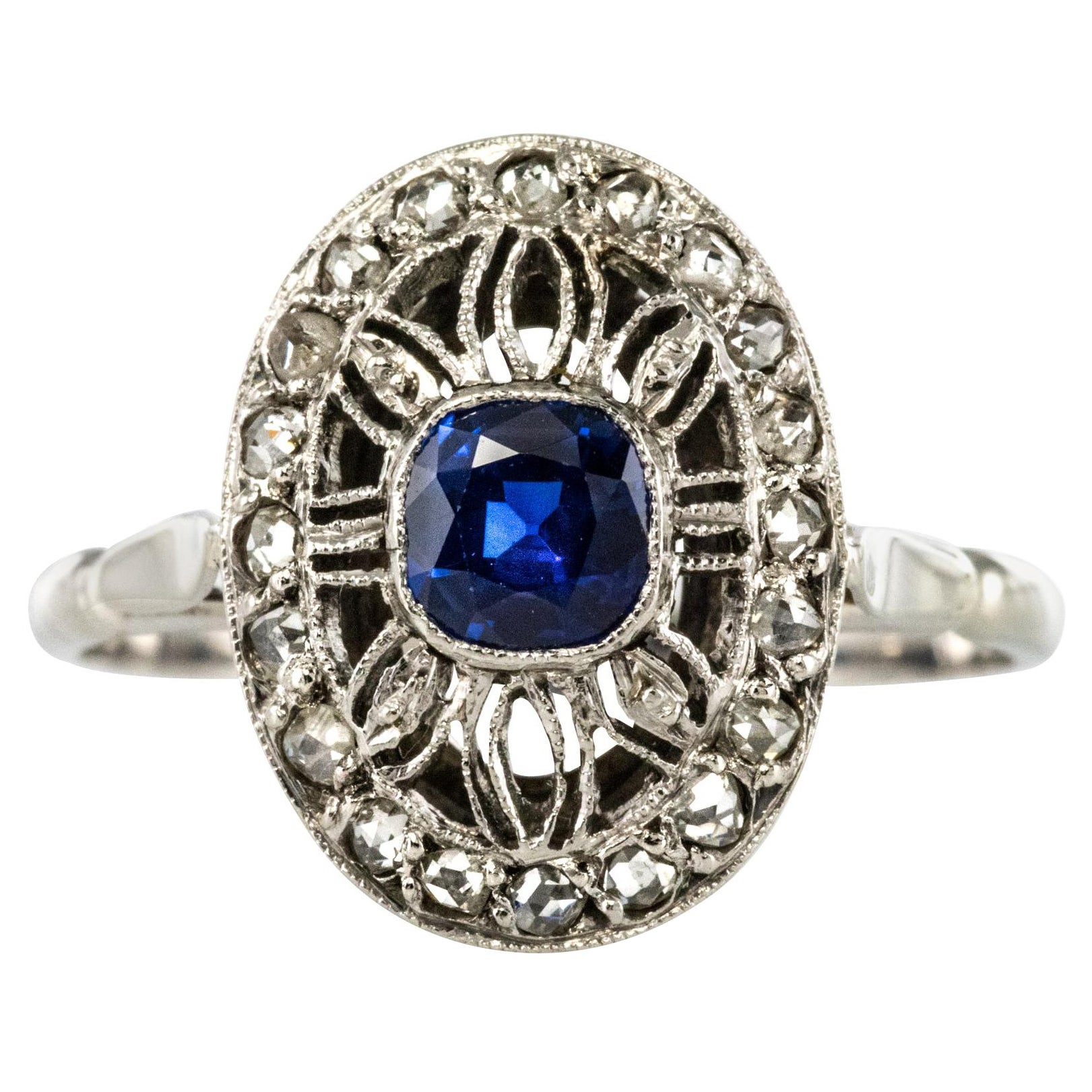 French 1930s Art Deco Diamond Sapphires Platinum Ring For Sale