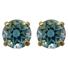 Used Natural 1.15ct Vivid Sky Blue Topaz Round Cut Yellow Gold 9k Stud Earrings