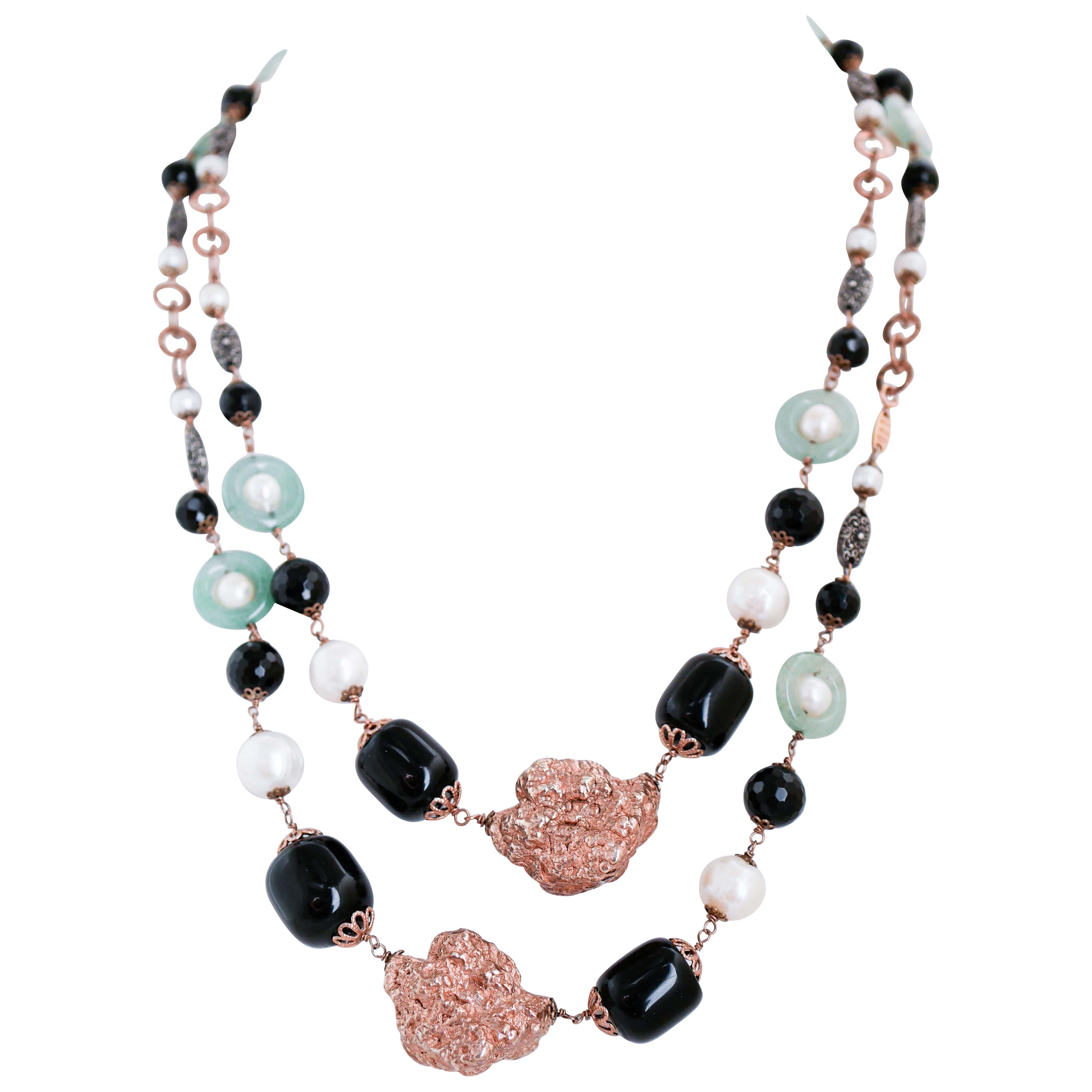 Onyx, Jade Pearls, Rose Gold and Silver Retrò Necklace. For Sale