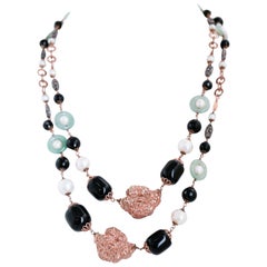 Onyx, Jade Pearls, Rose Gold and Silver Retrò Necklace.