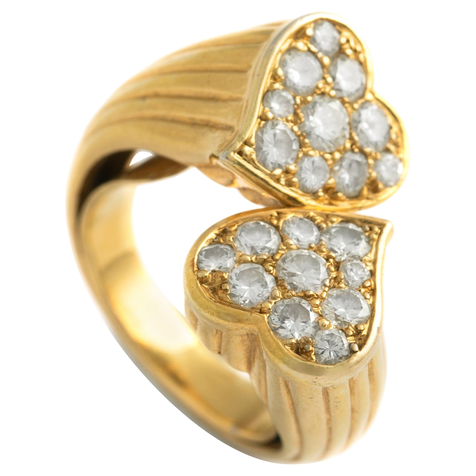 Diamond Yellow Gold 18K Two Hearts Crossover Ring For Sale