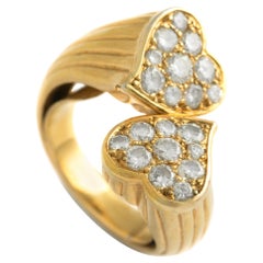 Vintage Diamond Yellow Gold 18K Two Hearts Crossover Ring