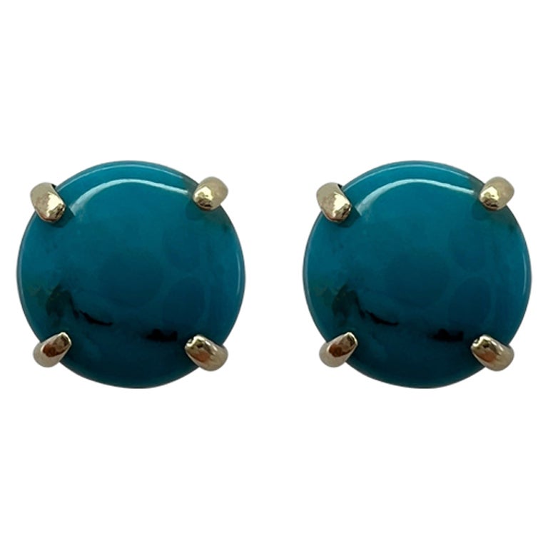 Natural Blue Turquoise 5mm Round Cabochon 9k Yellow Gold Stud Earrings For Sale