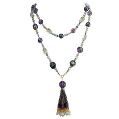 Marina J Black Pearl Sautoir with Semi-Precious Beads, 14k gold, removable tassel 