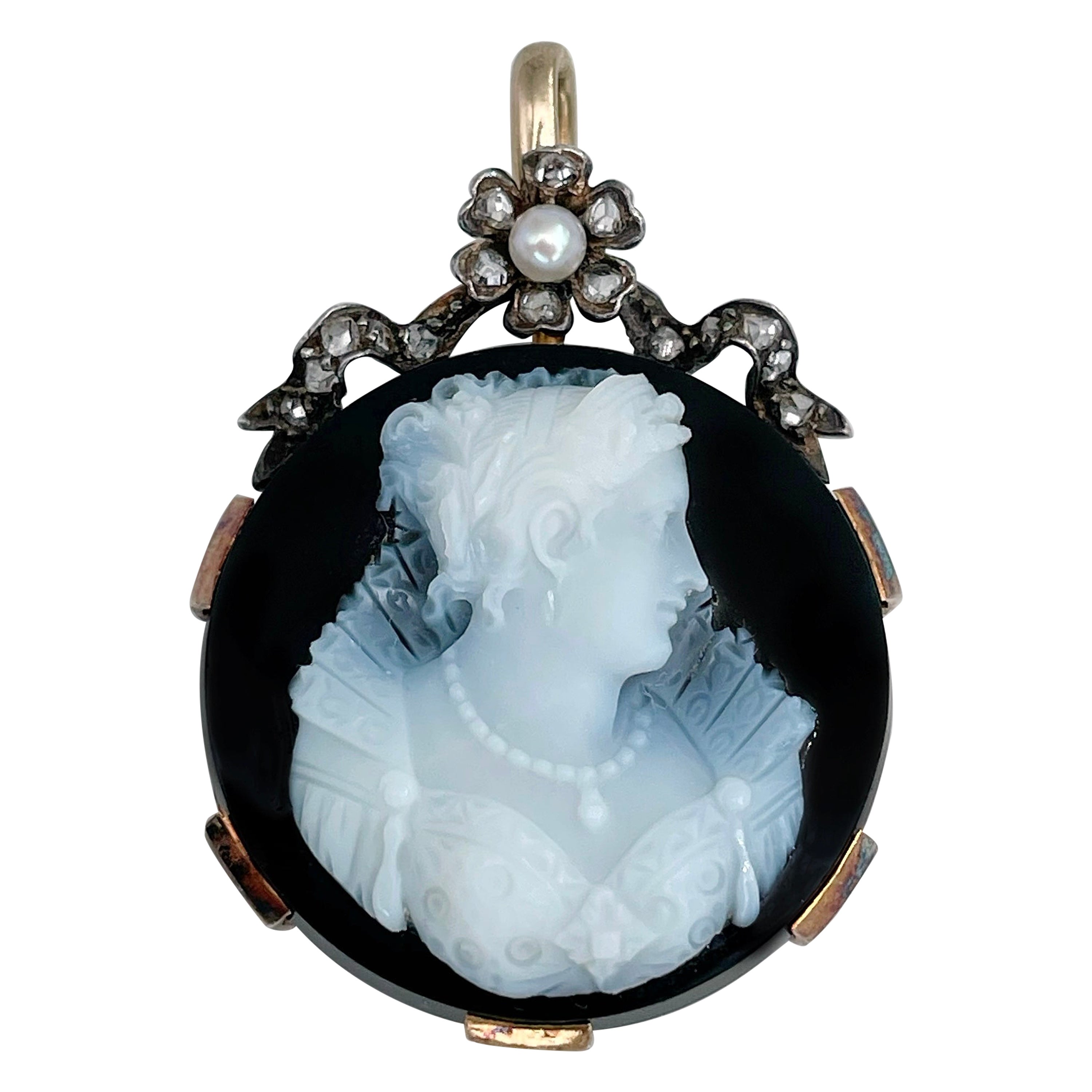 Victorian 18 Karat Gold Onyx Lady Cameo Rose Cut Diamond Pearl Pendant For Sale