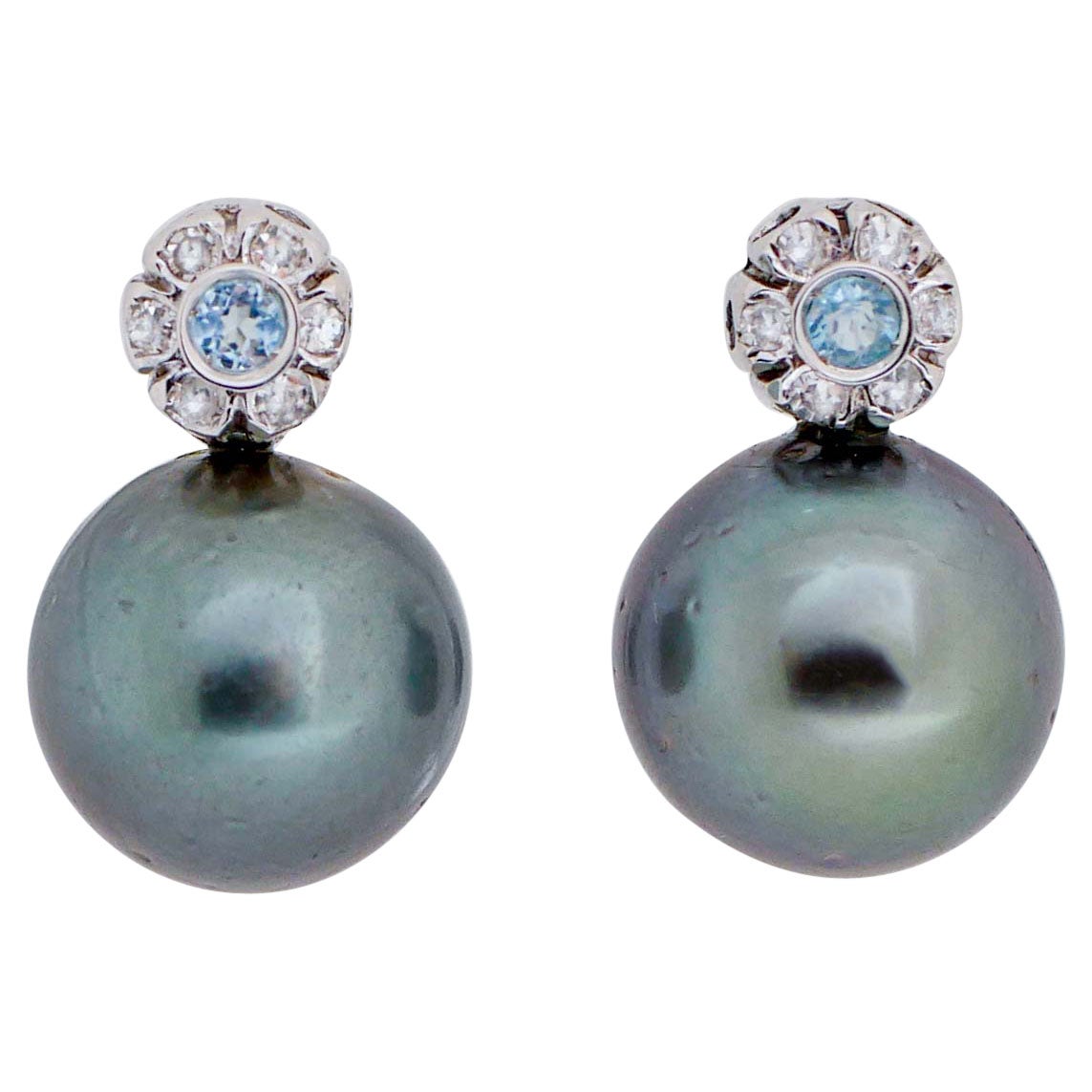 Grey Pearls, Aquamarine, Diamonds, 14 Karat White Gold Earrings.