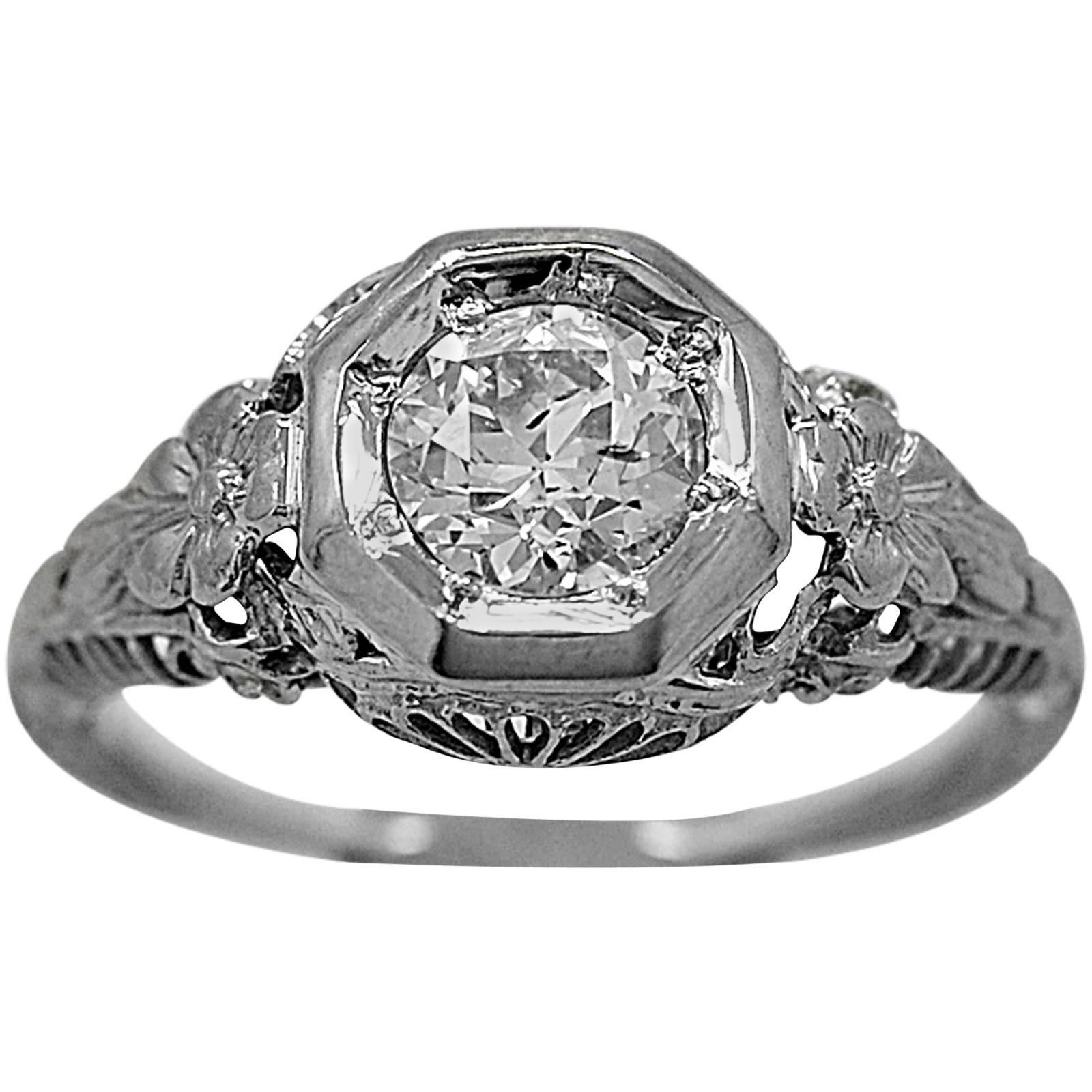 Art Deco .60 Carat Diamond Gold Engagement Ring For Sale