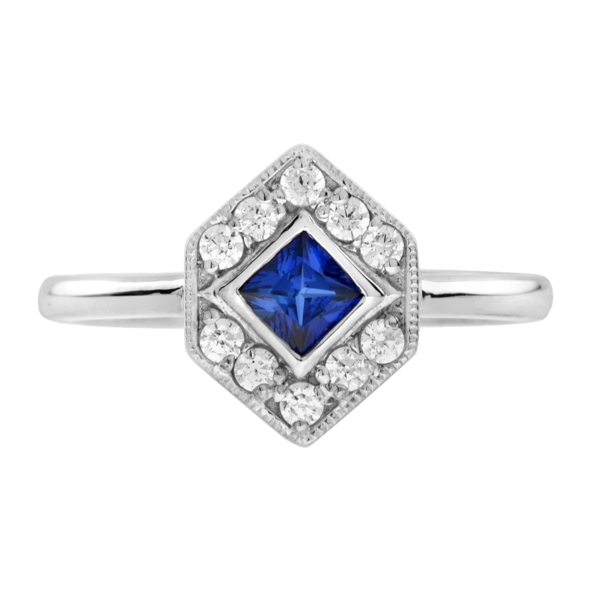 Square Blue Sapphire and Diamond Hexagon Engagement Ring in 14K White Gold For Sale