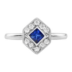 Sechseckiger Verlobungsring mit quadratischem blauem Saphir und Diamant aus 14 Karat Weißgold