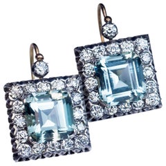 Vintage Large Aquamarine Diamond Russian Art Deco Earrings