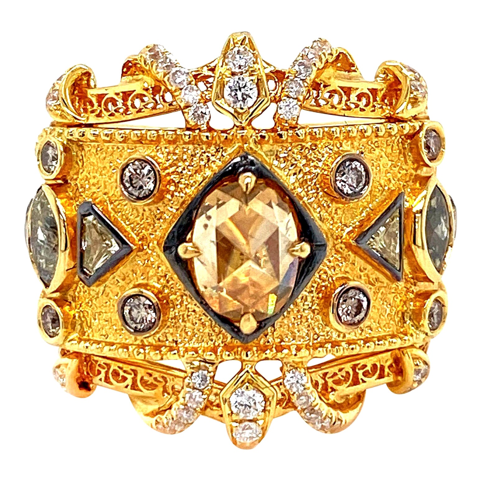 Color Diamond Baroque Design Statement Ring in 18 Karat Yellow Gold For Sale