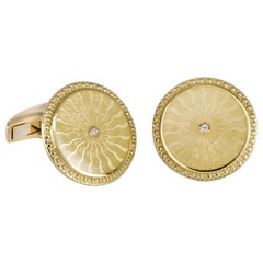 18 Carat Yellow Gold Round Cufflinks with Clear Enamel and Diamond Centre
