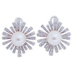 Pearls, Diamonds, 14 Karat White Gold Earrings.