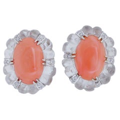 Vintage Rock Crystal, Coral, Diamonds, 14 Kt White Gold Earrings.