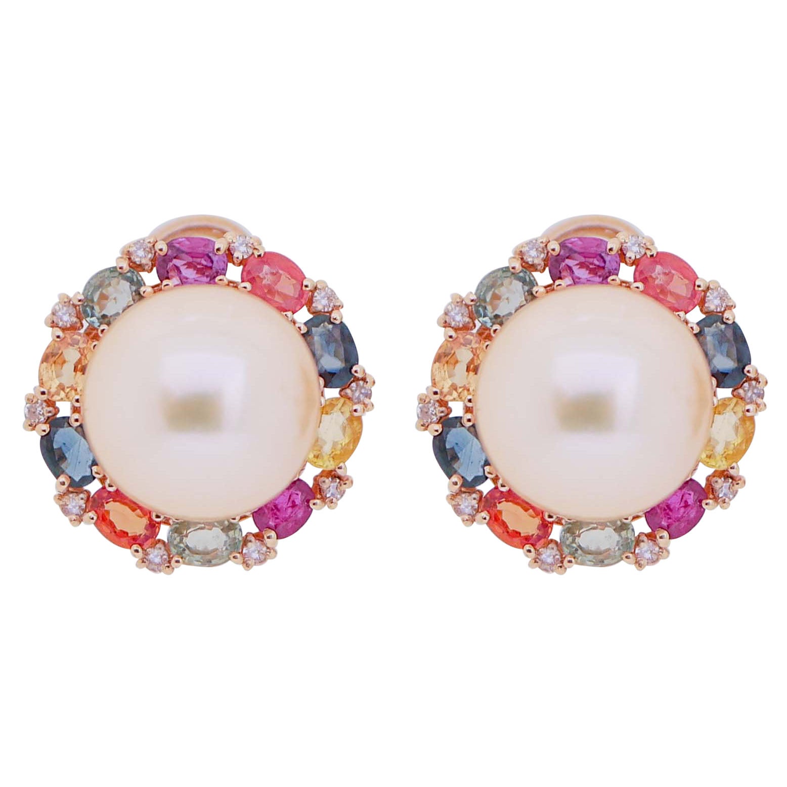 Multicolor Sapphires, Pearls, Rubies, Diamonds, 14 Karat Rose Gold Earrings.