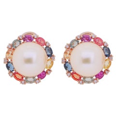 Multicolor Sapphires, Pearls, Rubies, Diamonds, 14 Karat Rose Gold Earrings.