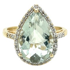 Pear Shaped Green Amethyst and Diamond Ring in 14K Gold