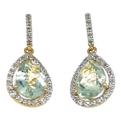 Pear Shaped Prasiolite and Diamond Pendant Earrings in 14K Yellow Gold
