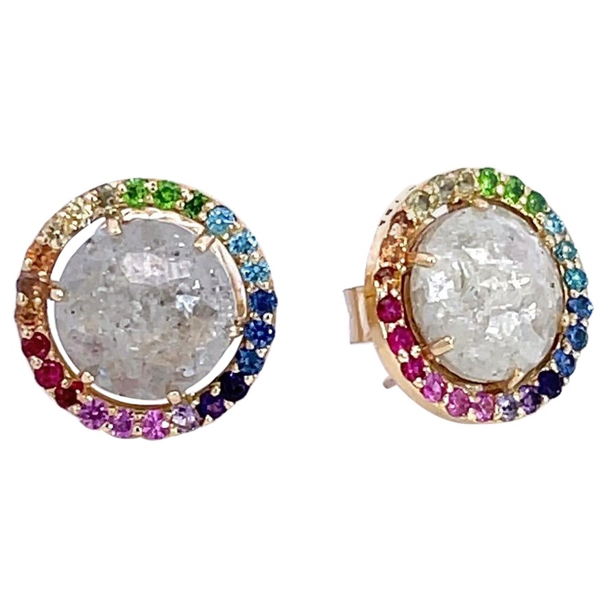 18k Yellow Gold Gray Diamond Stud Earrings with a Rainbow Halo For Sale