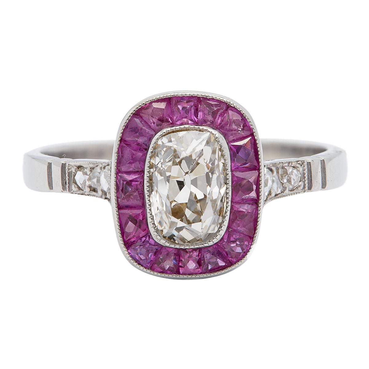 Art Deco Inspired 0.84 Carat Old Mine Cut and Ruby Platinum Ring For Sale