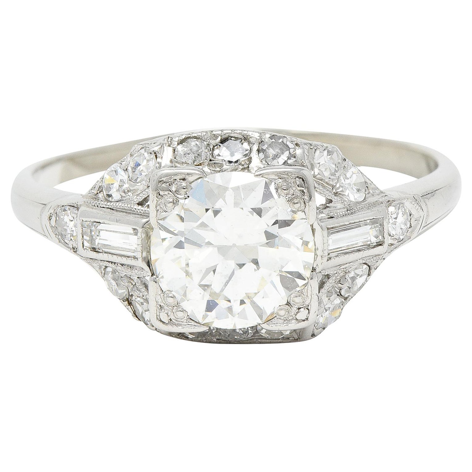 Art Deco 1.71 CTW Diamond Platinum Geometric Alternative Engagement Cluster Ring For Sale