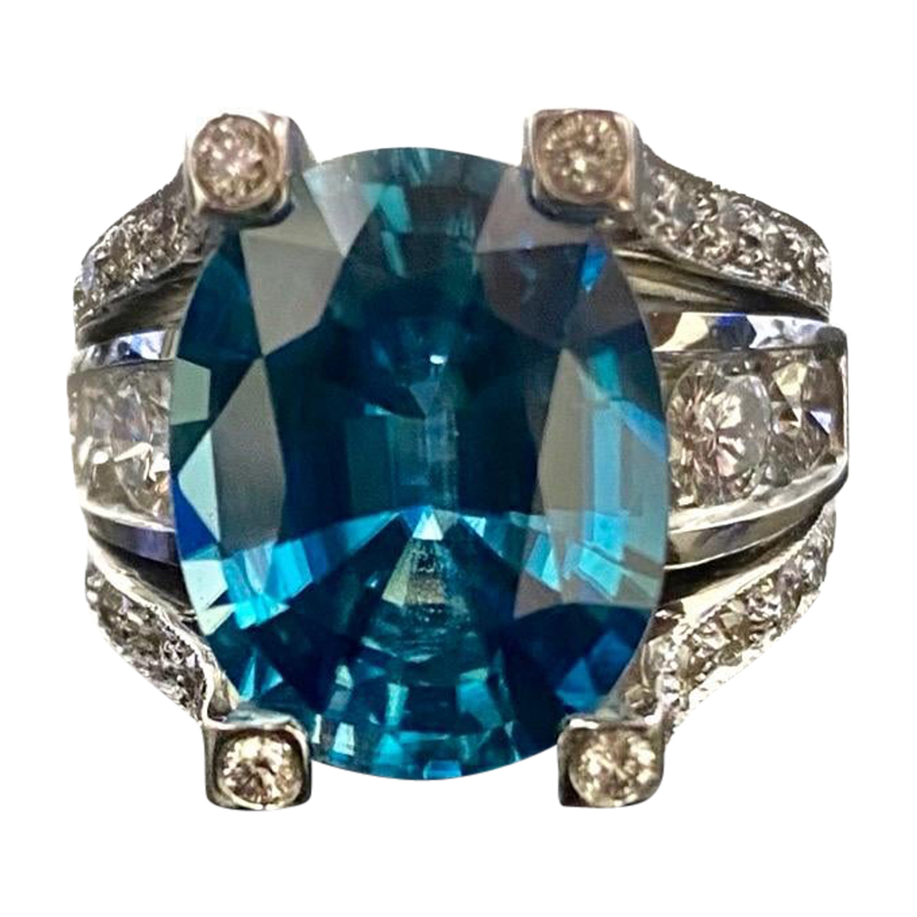 Modern 18K White Gold Diamond 14 Carat Blue Zircon Engagement Ring For Sale