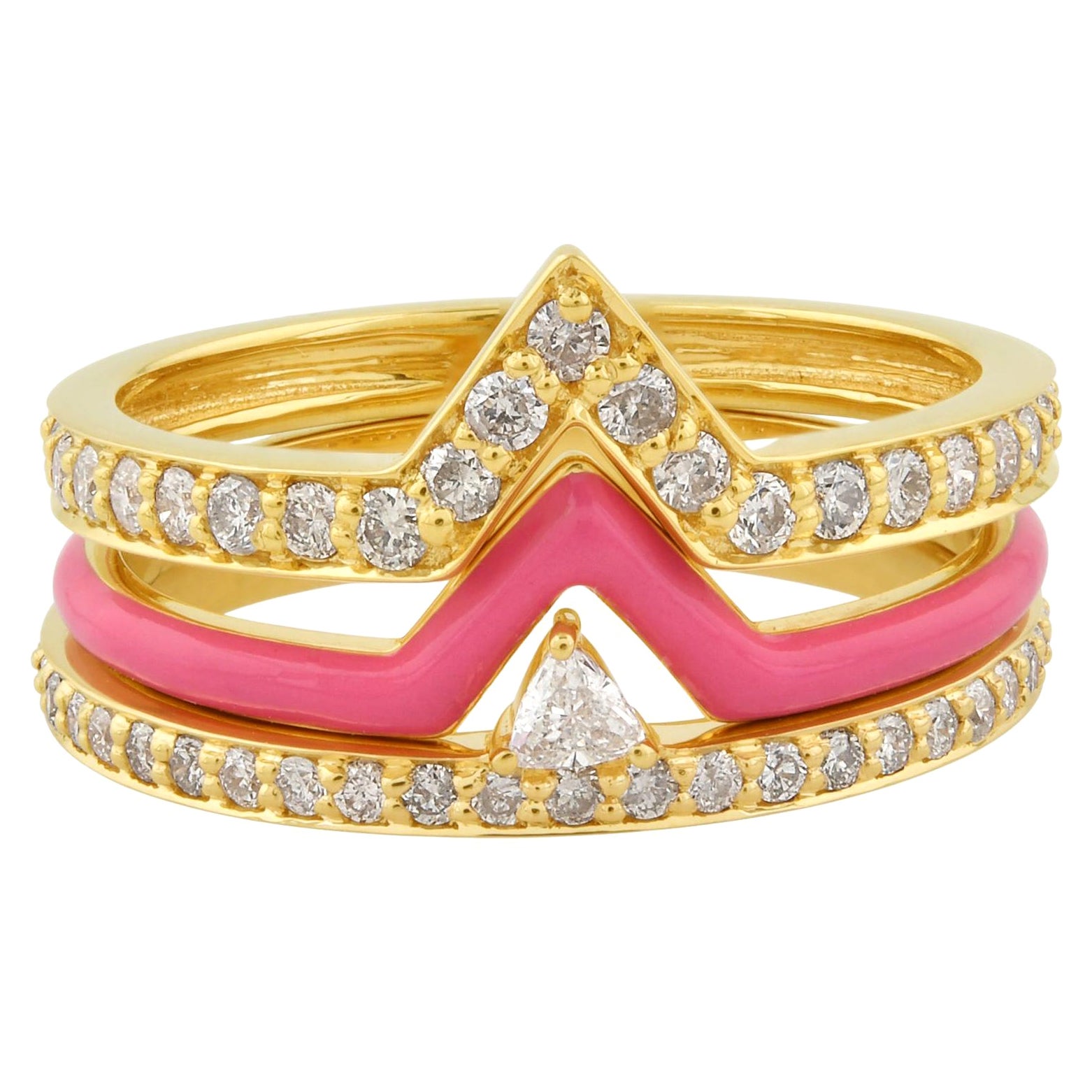 Trillion Diamond Triple Chevron Ring Set 18k Gold Combination Enamel Jewelry For Sale