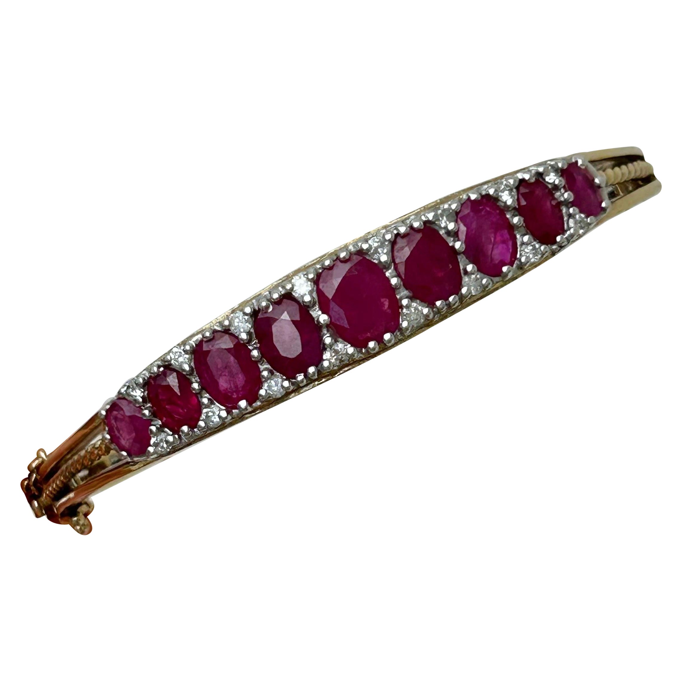 Chunky 9ct Yellow Gold Ruby and Diamond Bangle Bracelet 
 For Sale