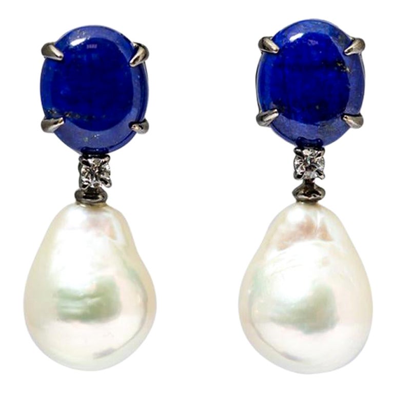 Dangling Earrings Lapis Lazuli  Baroque Pearls, Diamonds Black Gold 18 Karat For Sale
