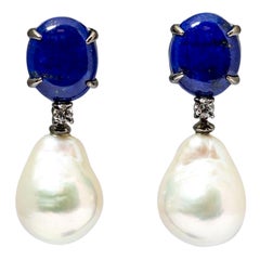 Used Dangling Earrings Lapis Lazuli  Baroque Pearls, Diamonds Black Gold 18 Karat