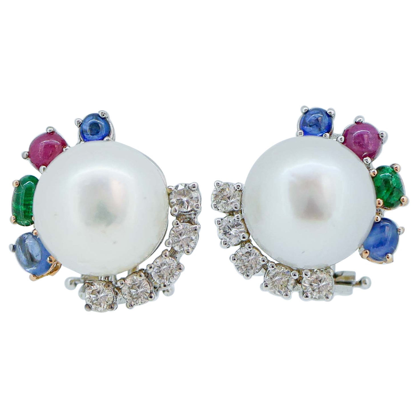 South-Sea Pearls, Rubies, Emeralds, Sapphires, Diamonds, 18 Kt Gold Earrings. For Sale