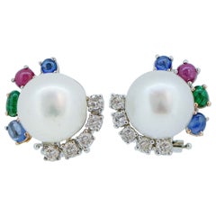 South-Sea Pearls, Rubies, Emeralds, Sapphires, Diamonds, 18 Kt Gold Earrings.