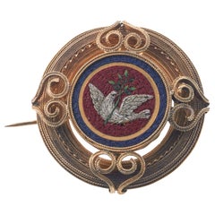 Pendentif broche victorien ancien en or orné d'une micro-mosaïque avec oiseaux