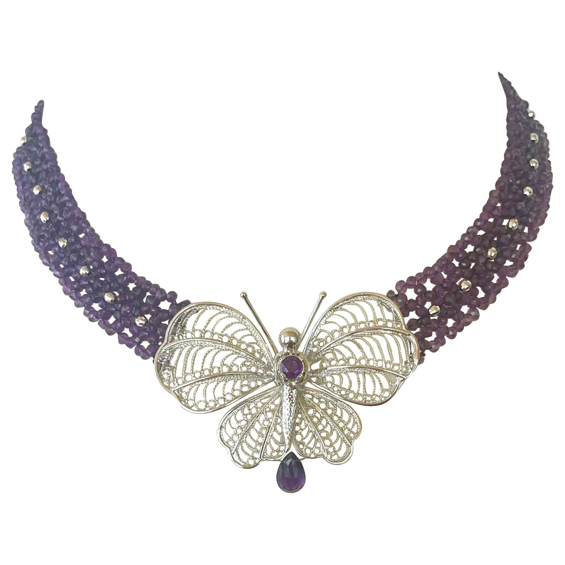 Marina J Amethyst  woven necklace with vintage silver butterfly, beads & clasp For Sale