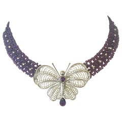 Marina J Amethyst  woven necklace with vintage silver butterfly, beads & clasp