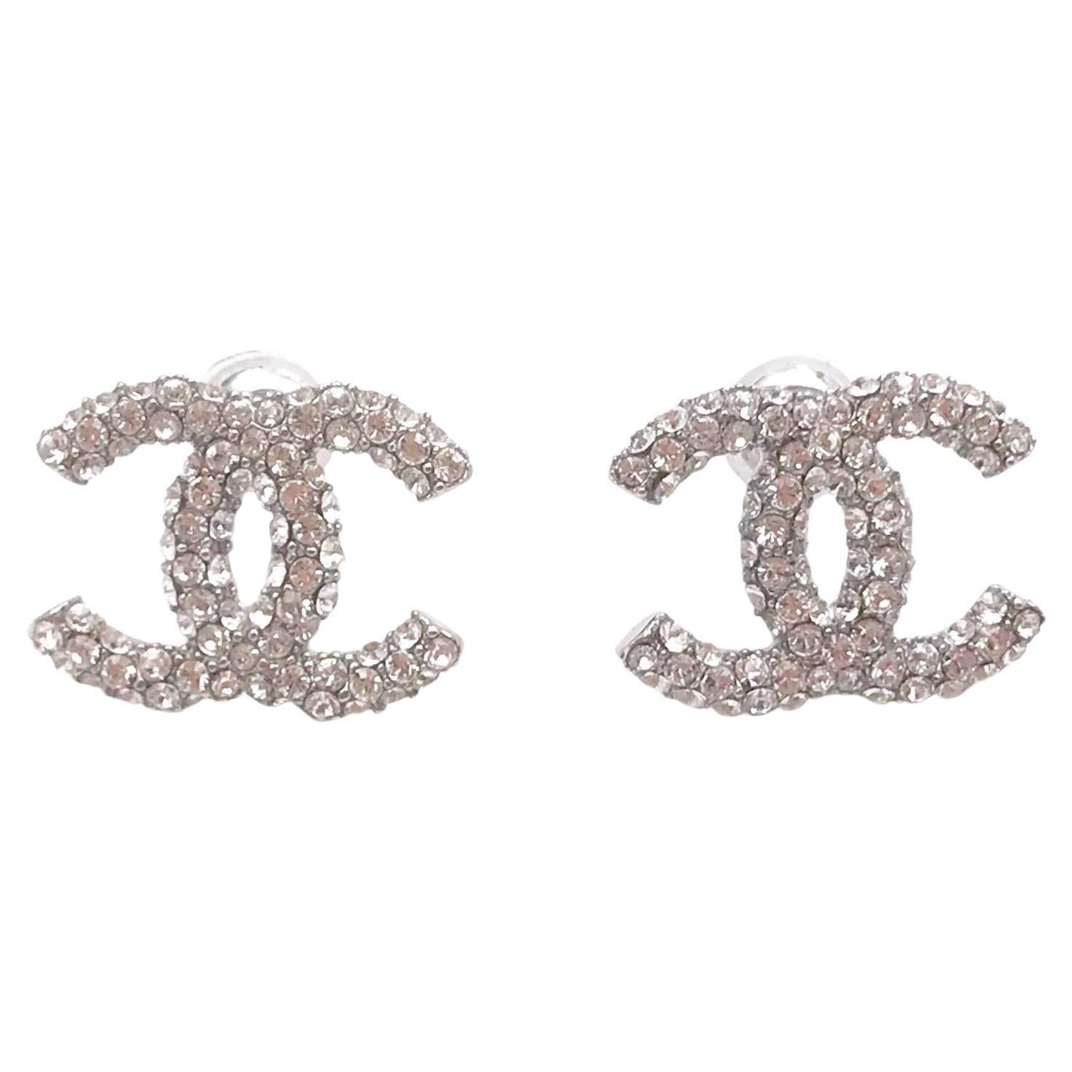 Chanel Silver CC All Over Crystal Piercing Earrings